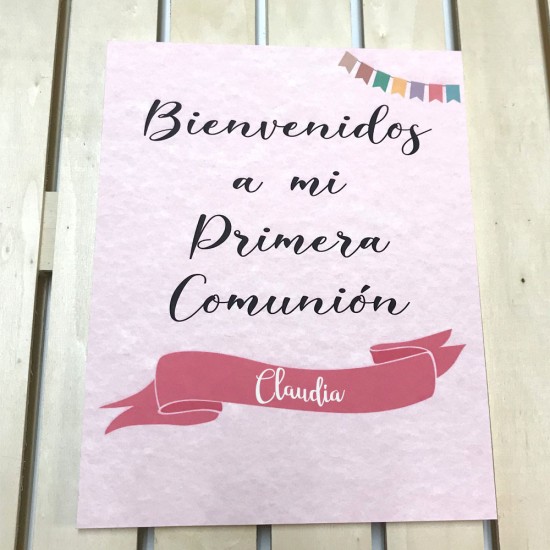 Cartel de bienvenida de comunión niña color rosa